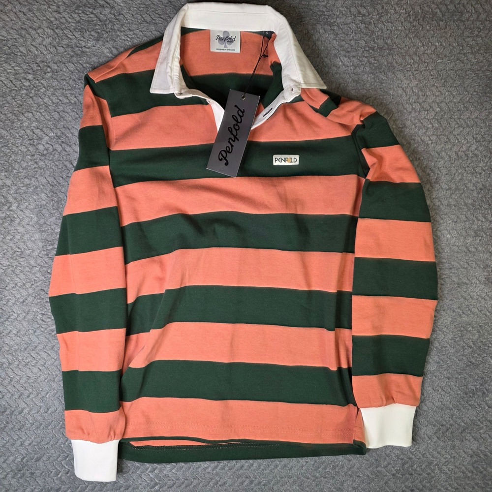 Penfold Rugby Shirt Mens Small NWT Pink Green Striped Long Sleeve Polo